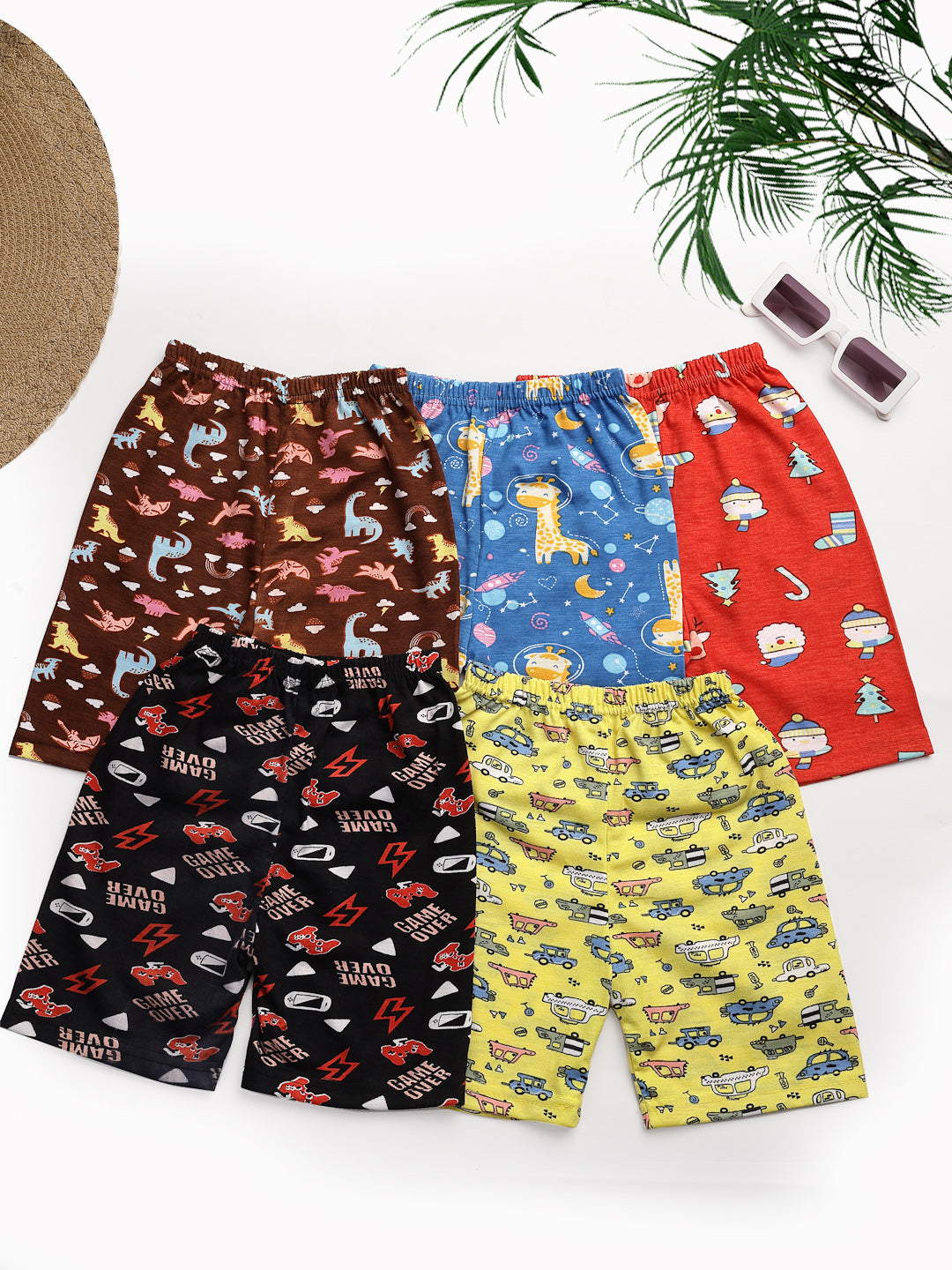 UZARUS 100% Soft Casual Printed KIDS Shorts for Boys and Girls - Regular Fit (Pack of 5)