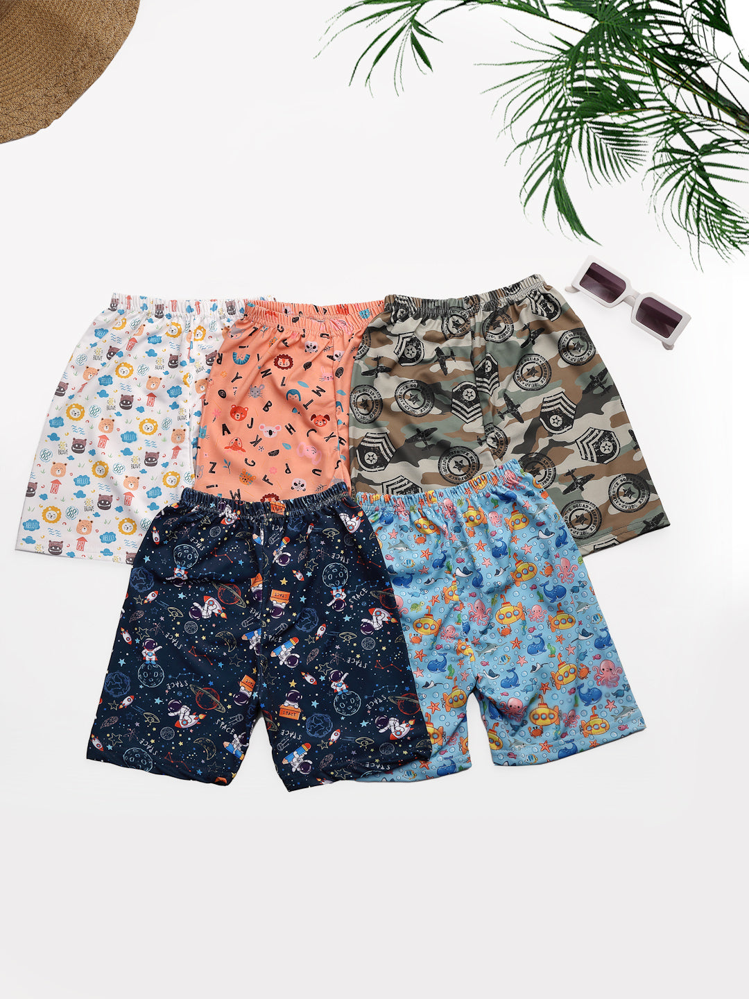 UZARUS 100% Soft Casual Printed KIDS Shorts for Boys and Girls - Regular Fit (Pack of 5)