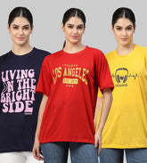 UZARUS Women Printed Round Neck Oversized Combo T-Shirt |Loose Fit Drop Shoulder T-Shirt Pack of 3