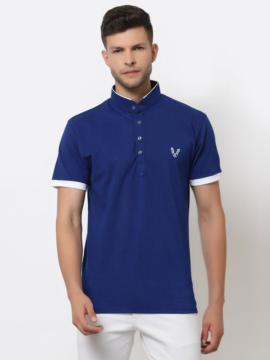 4 Four Squares Solid Men Polo Neck Blue T-Shirt - Buy 4 Four Squares Solid  Men Polo Neck Blue T-Shirt Online at Best Prices in India