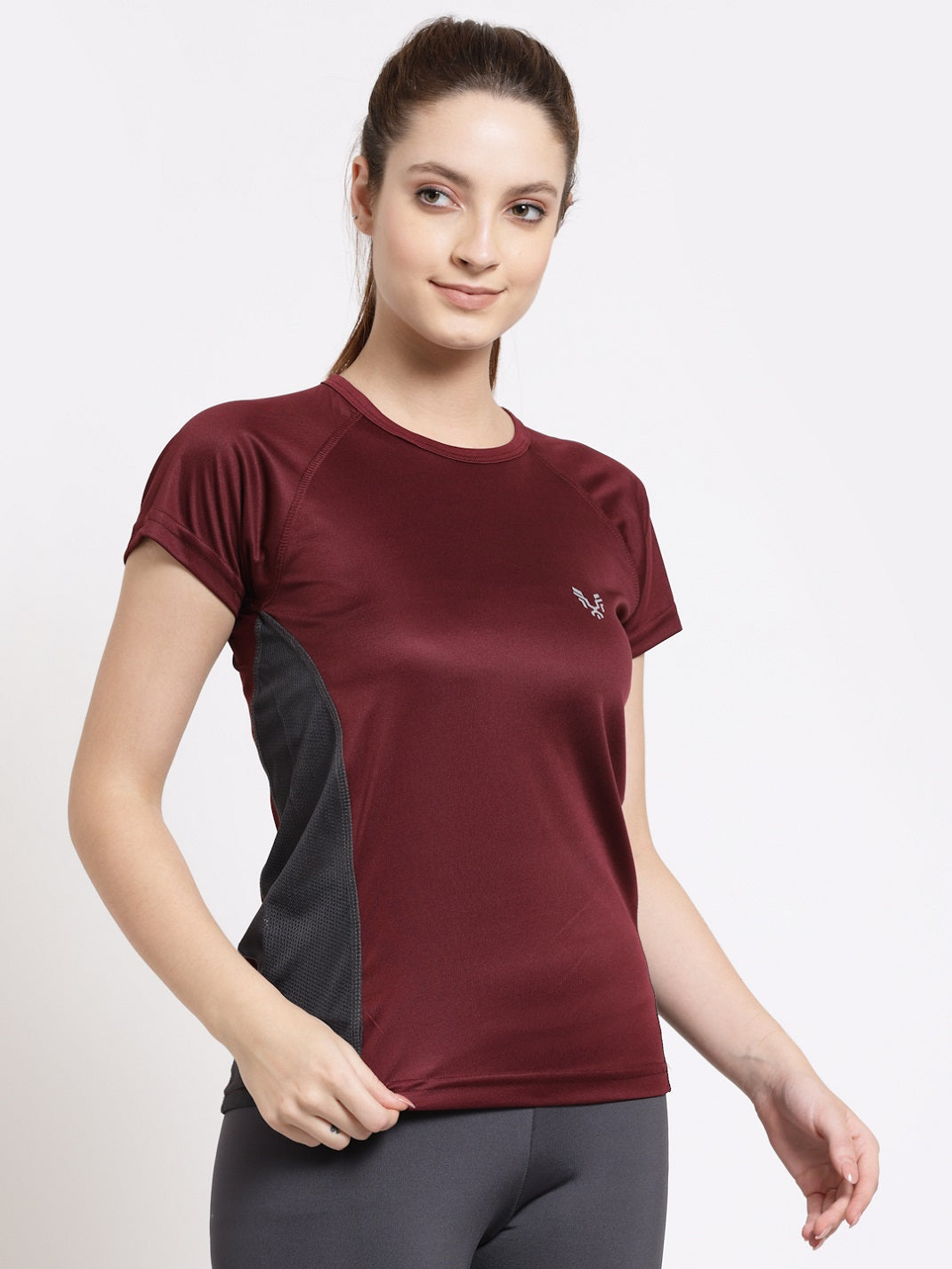 Fitkin Women Wine Coloured Training or Gym T-shirt With Design